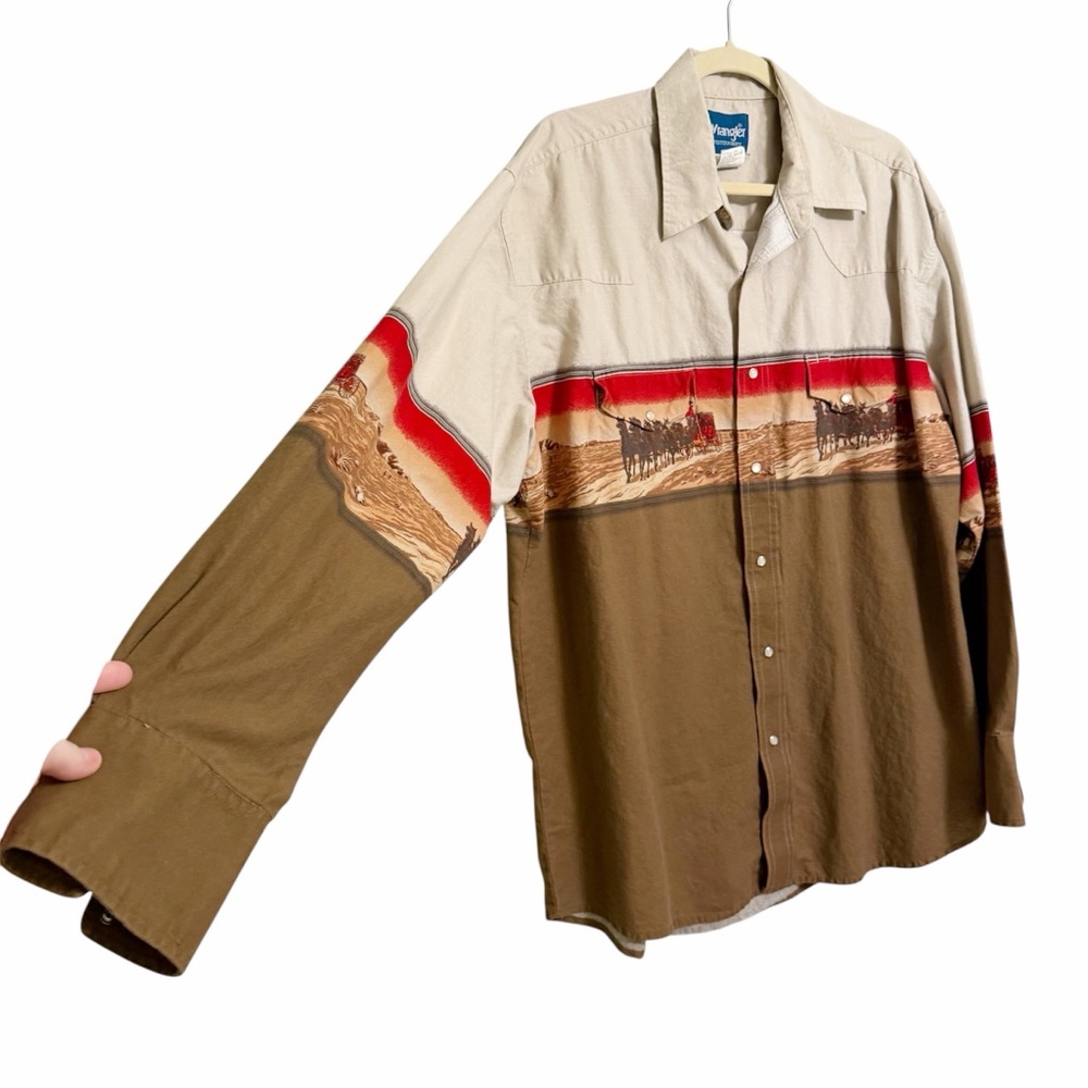 Vintage 90s Wrangler Western Pearl Snap Horse Wagon Print Shirt XL Cowboy Ranch - Picture 3 of 11